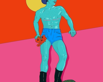 May include: A blue figure wearing a cowboy hat and blue denim shorts stands against a pink wall. The figure holds a bouquet of red flowers and a green snake is coiled around their feet. The background is a bright red with a yellow sun.