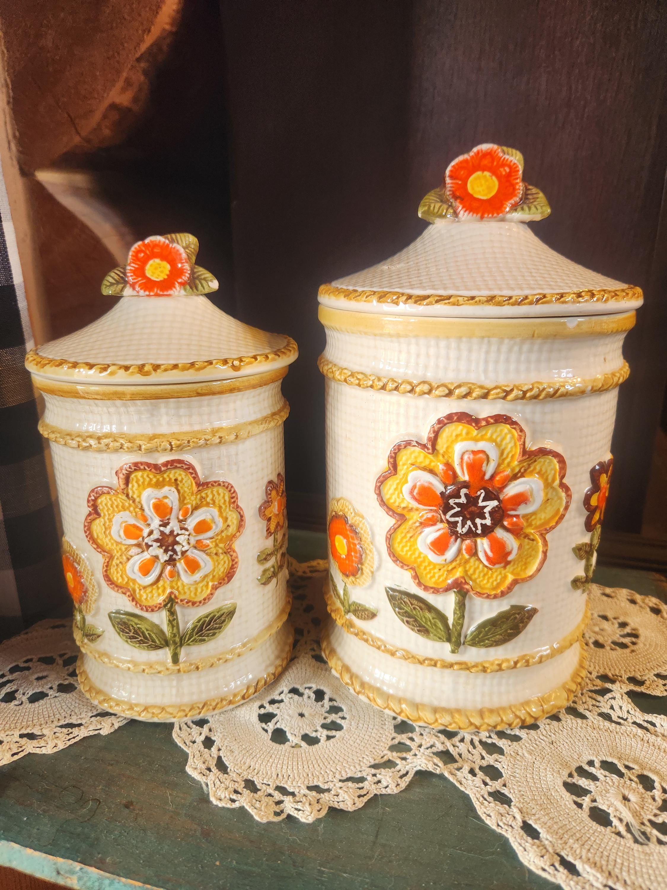 Vintage 1970 Sears Floral Needlepoint Design Canister Ceramic