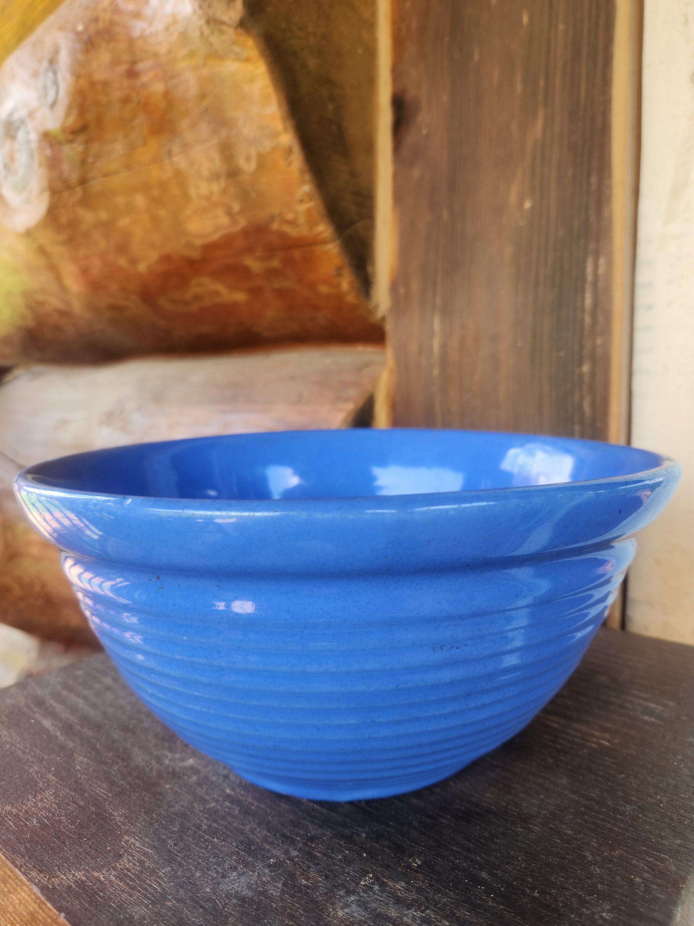 Vintage Bauer? Ringware Blue Bowl Pottery Nesting Mixing Ribbed 9