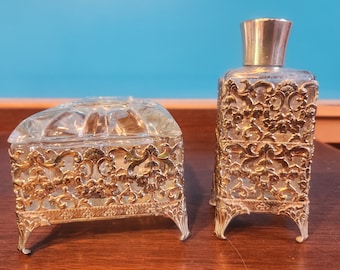 Filigree Perfume Bottle Trinket Box Clear Glass with lid Gold Metal Vanity Set 1960&#39;s Vintage