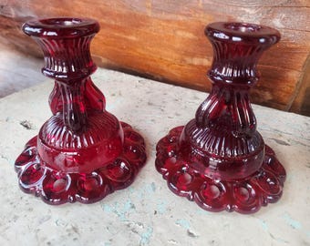 Westmoreland Ruby Red Candlestick Doric Glass Holders Vintage Set of 2