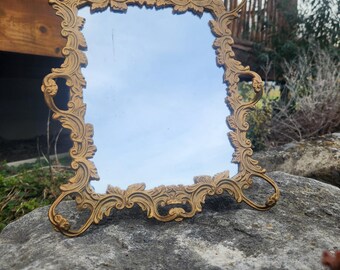Vintage Mirror Iron Art Gold Standing Ornate Picture Frame 12 1/2&quot; x 10 1/2&quot;
