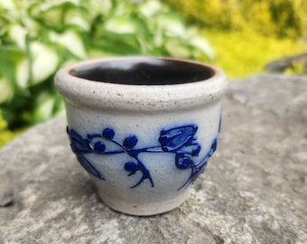 Salt Glaze Crock Blue Berry and Leaf Design 2 Inch Succulent Planter Vintage