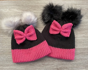 Minnie Mouse Hat, Disney Knit Hat, Childs Theme Hat, Disney Beanie, Winter Hat, Pom Pom Hat, Assorted Sizes, Assorted Colors for Pom Poms