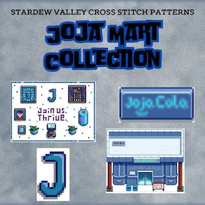 Könnte beinhalten: Kreuzstichmuster für das Joja Mart Gebäude aus dem Videospiel Stardew Valley. Das Muster beinhaltet das Joja Mart Schild, die Gebäudefassade und ein Joja Cola Schild. Der Text "Join us. Thrive." ist auf dem Muster enthalten.