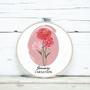 Patrón de punto de cruz de clavel de enero: Flores del mes de nacimiento (descarga digital)