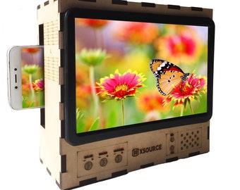 Retro style Smartphone Magnifier plays your smartphone videos through a retro-styled magnifier on an 8" screen