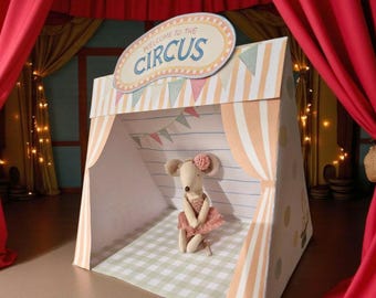 Plantilla PDF en miniatura de carpa de circo para imprimir, hoja de papel imprimible para manualidades, carpa de circo Maileg