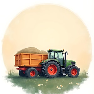 Könnte beinhalten: Ein grüner Traktor mit einem hölzernen Anhänger, der mit Sand gefüllt ist. Der Traktor steht auf einer grasbewachsenen Wiese mit weißen Blumen.