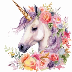 May include: A white unicorn with a gold horn and purple mane is adorned with a floral crown of pink, orange, and purple flowers. The unicorn's head is turned to the side, and its eye is visible.