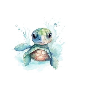 Puede incluir: Una pintura de acuarela de una tortuga marina bebé con caparazón verde y azul, nadando en un fondo de acuarela azul y blanco.