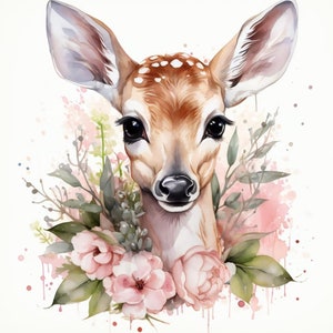 Könnte beinhalten: Ein Aquarellbild eines Rehs mit braunem Fell und weißen Flecken, umgeben von rosa Blüten und grünen Blättern. Das Reh hat große, dunkle Augen und einen süßen Ausdruck.