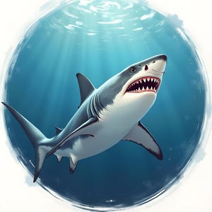 Puede incluir: Un gran tiburón blanco nada en un océano azul con rayos de sol que atraviesan el agua. El tiburón está mirando al espectador con la boca abierta, mostrando sus afilados dientes.