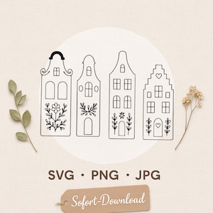 Könnte beinhalten: Schwarz-weiße Strichzeichnung von vier dekorativen Häusern mit floralen und Herzmotiven. Das Bild enthält den Text "SVG • PNG • JPG" und ein Etikett mit der Aufschrift "Sofort-Download".