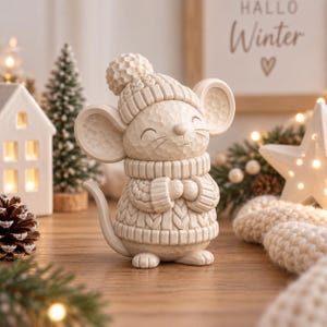 May include: A cream-coloured mouse figurine with a carved texture, wearing a knit-patterned jumper and a matching beanie with a pom-pom. The mouse has large ears, a small nose, and a smiling expression, standing upright with its hands held together.