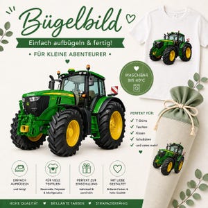Op de afbeelding: Een groen en geel tractorontwerp, geschikt om op verschillende textielsoorten te strijken, is afgebeeld op een wit t-shirt en een cadeauzakje. De afbeelding bevat Duitse tekst, die de geschiktheid van het product voor T-shirts, tassen, enz. benadrukt.