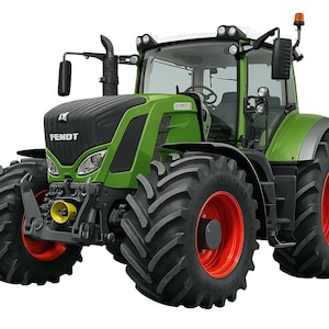 Peut inclure: Un tracteur Fendt vert et noir avec de gros pneus noirs et des jantes rouges. Le tracteur a un toit blanc et une cabine avec des fenêtres. Le mot "FENDT" est visible à l'avant.