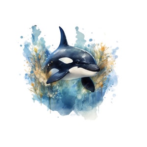 Könnte beinhalten: Aquarellillustration eines Orca-Wals mit schwarz-weißen Markierungen, vor dem Hintergrund blauer und goldener Aquarellspritzer. Das Kunstwerk zeigt den Wal, der aus dem Wasser auftaucht, wobei der Fokus auf seiner schlanken Form liegt.