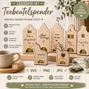 May include: A set of wooden tea bag dispensers, each with a house-shaped design and a horse-shaped tea bag holder. The dispensers feature phrases like "Time for tea." The image also includes the words "SVG, PNG, JPG."