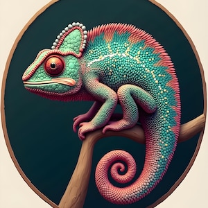 Puede incluir: Un camaleón vibrante de color verde y rosa con una cola enroscada, posado en una rama marrón sobre un fondo verde oscuro. El camaleón tiene una cresta distintiva en la cabeza y un ojo naranja brillante.