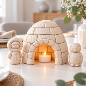 May include: A light-colored, carved-look igloo figurine with a textured block pattern, featuring a hollow center containing a small, glowing white tea light candle, flanked by a small person in a hooded parka and a penguin figurine.