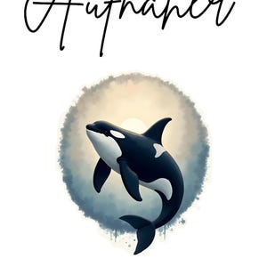 Könnte beinhalten: Digitale Illustration eines schwarz-weißen Orca-Wals, zentriert auf einem Hintergrund im Aquarellstil. Das Wort "Aufnäher" steht in Schreibschrift oben. Darunter befinden sich Symbole für Schere, Bügeleisen und Nadel.
