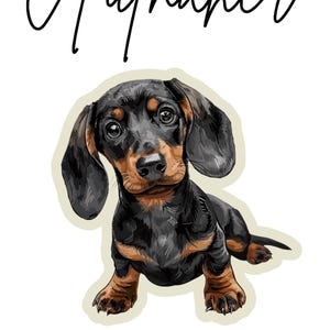 Könnte beinhalten: Illustration eines schwarz-braunen Dackelhundes mit dem Wort "Aufnäher" darüber. Unter dem Hund befinden sich Symbole für eine Schere, ein Bügeleisen und eine Nadel mit Faden.