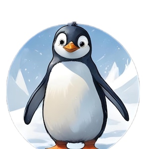 May include: A cartoon penguin with black and white feathers and an orange beak stands on a snowy background. The penguin has a happy expression and is looking directly at the viewer.