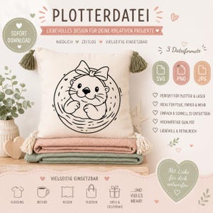 May include: A cream cushion featuring a black otter design with a bow and tassels. The cushion rests on folded blankets. The image includes the text "PLOTTERDATEI" and "SOFORT DOWNLOAD".
