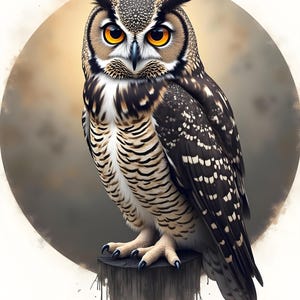 Könnte beinhalten: Eine braune und schwarze Eule mit gelben Augen sitzt auf einem Holzpfosten vor einem verschwommenen Hintergrund aus einem braunen und weißen Kreis.