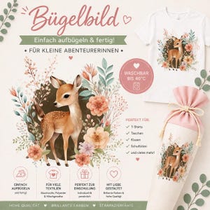 Könnte beinhalten: Aquarell-Illustration eines Fawns, umgeben von Blumen, auf einem weißen T-Shirt und einem rosa Kordelzugbeutel. Text enthält "Bügelbild" und "Waschbar bis 40°C".