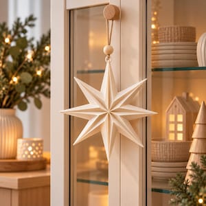 May include: A cream-coloured, multi-pointed star ornament with a geometric, folded paper-like design. The star hangs from a natural jute twine cord attached to a small, round, light-coloured wooden bead and a circular wooden wall hook.