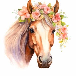 Könnte beinhalten: Ein Aquarellbild eines braunen Pferdes mit einer Blumenkrone. Das Pferd hat eine hellbraune Mähne und einen hellbraunen Schweif, und die Krone ist aus rosa, weißen und gelben Blumen.