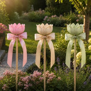 Könnte beinhalten: Drei Gartenstecker mit lotusblütenförmigen Aufsätzen in Pastellrosa, Creme und Hellgrün. Jede Blüte ist auf einem schlanken Holzstab montiert und mit einer passenden Satinschleife verziert, die direkt unter der Lotusblüte gebunden ist.
