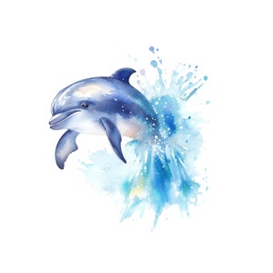 May include: A watercolor painting of a dolphin leaping out of the water, creating a splash of blue and white paint.