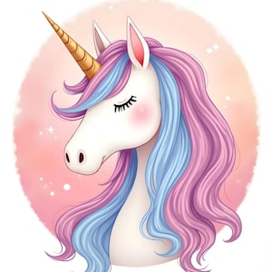 Puede incluir: Un unicornio blanco con un cuerno dorado y pelo rosa y azul. El unicornio tiene los ojos cerrados y mira hacia un lado. El fondo es de color rosa suave con destellos blancos.