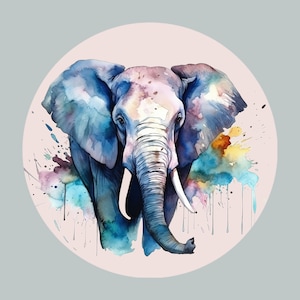 Op de afbeelding: Een aquarel schilderij van een olifant met blauwe, paarse en gele verfspatten op de achtergrond.