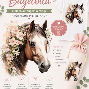 Op de afbeelding: Promotieafbeelding met een paardenafbeelding met bloemenaccenten, geschikt voor strijkapplicaties. Het ontwerp wordt getoond op een wit t-shirt en een roze trekkoordtas. Tekst bevat "Eenvoudig op te strijken & klaar!" en "Voor kleine paardenfans."