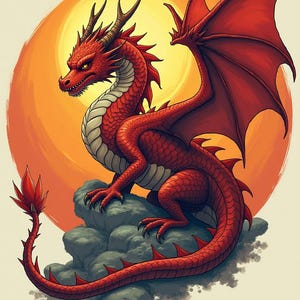 Könnte beinhalten: Ein roter Drache mit großen Flügeln und einem langen, stacheligen Schwanz sitzt auf einem Felsen vor einem Sonnenuntergang.