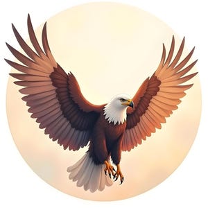 Könnte beinhalten: Ein brauner und weißer Weißkopfseeadler mit ausgebreiteten Flügeln, der vor einer strahlend gelben Sonne schwebt. Der Kopf des Adlers ist zur Seite gedreht, und seine scharfen Augen sind auf etwas in der Ferne gerichtet.