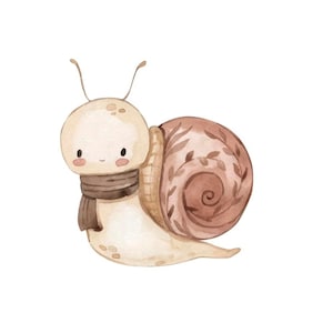 Pode incluir: Uma ilustração em aquarela de um caracol fofo usando uma echarpe marrom. O caracol tem uma concha marrom com um padrão de folhas e um corpo marrom claro.
