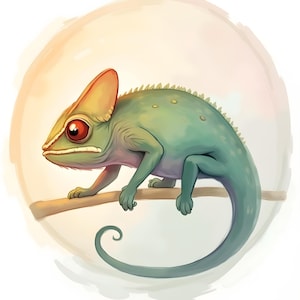 Puede incluir: Un camaleón verde con una cola larga y ojos naranjas está posado en una rama. El camaleón está en una ilustración de estilo acuarela con un fondo suave y borroso.
