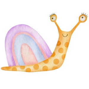 Puede incluir: Una ilustración de acuarela de un caracol de dibujos animados con una concha morada, rosa y azul y manchas naranjas en su cuerpo. El caracol tiene ojos grandes y redondos y una boca sonriente.