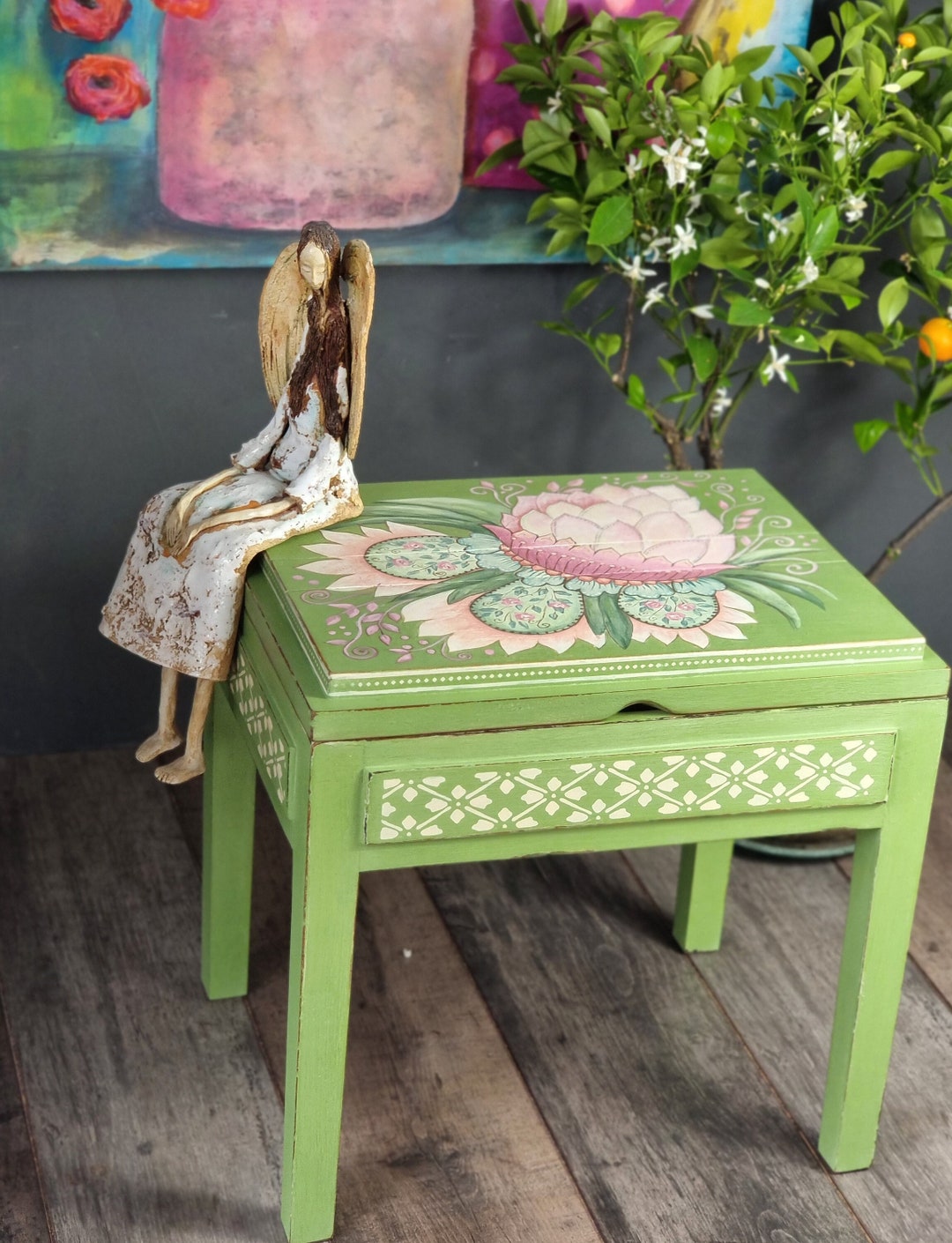 Hand Painted Bohemian Coffee Table With Art Top, Quirky Side Table With Storage, Multifunctional ...