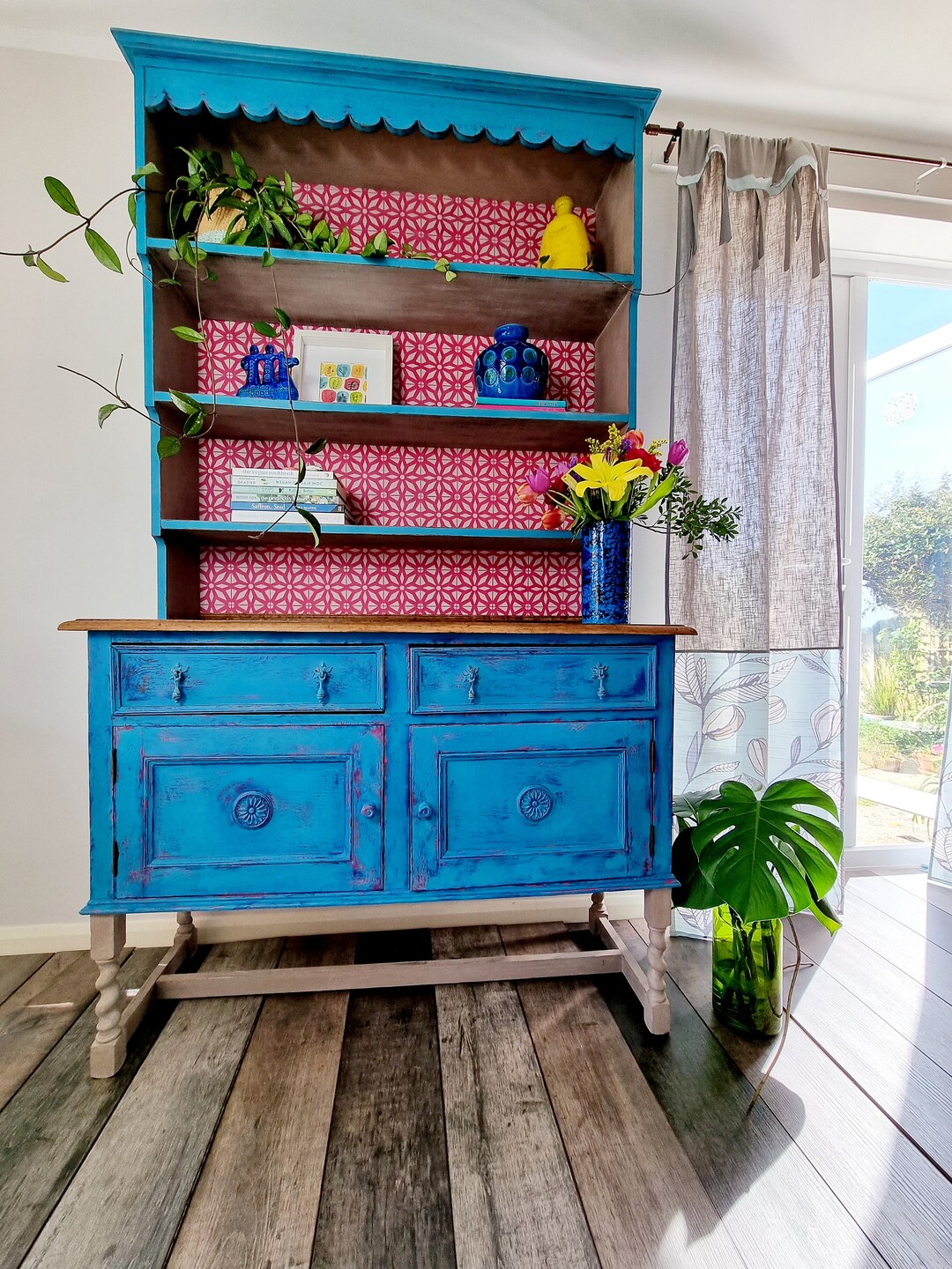 Beautifully Painted Welsh Dresser, Turquoise Hand Painted Dresser