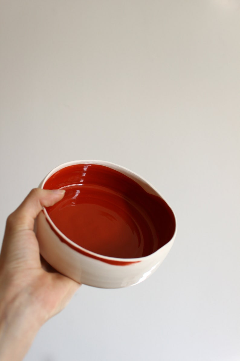 Handmade Ceramic Bowl, Beige and Red Serving Bowl image 5