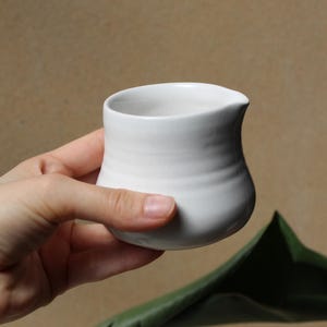 May include: A small, white ceramic creamer with a rounded body and a spout. The creamer is held in a hand, with a green leaf in the background. The creamer is likely used for serving cream or milk.