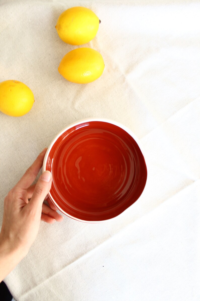 Handmade Ceramic Bowl, Beige and Red Serving Bowl image 4