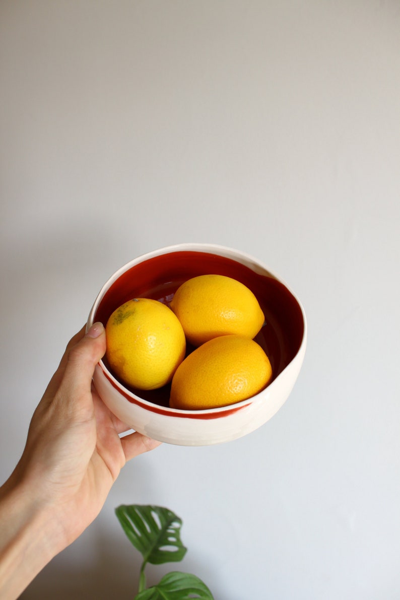 Handmade Ceramic Bowl, Beige and Red Serving Bowl image 2