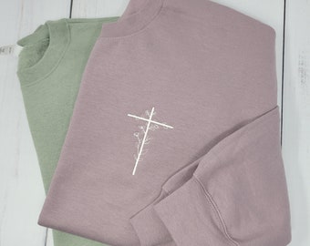 Embroidered Floral Cross Sweatshirt: Christian Crewneck